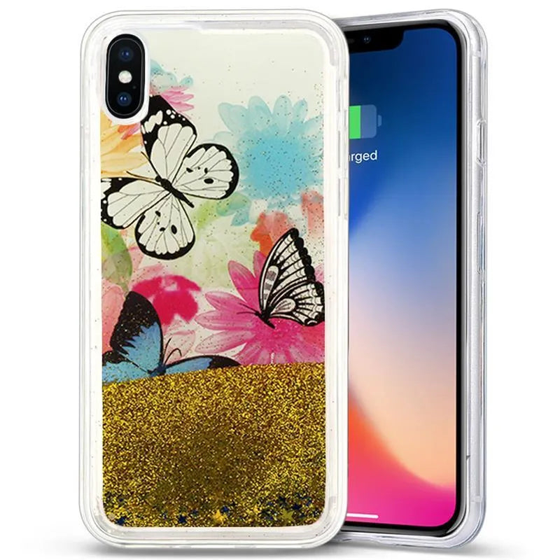 Zizo skysto blizgučio žvaigždžių dėklas, skirtas iPhone X (drugeliai)